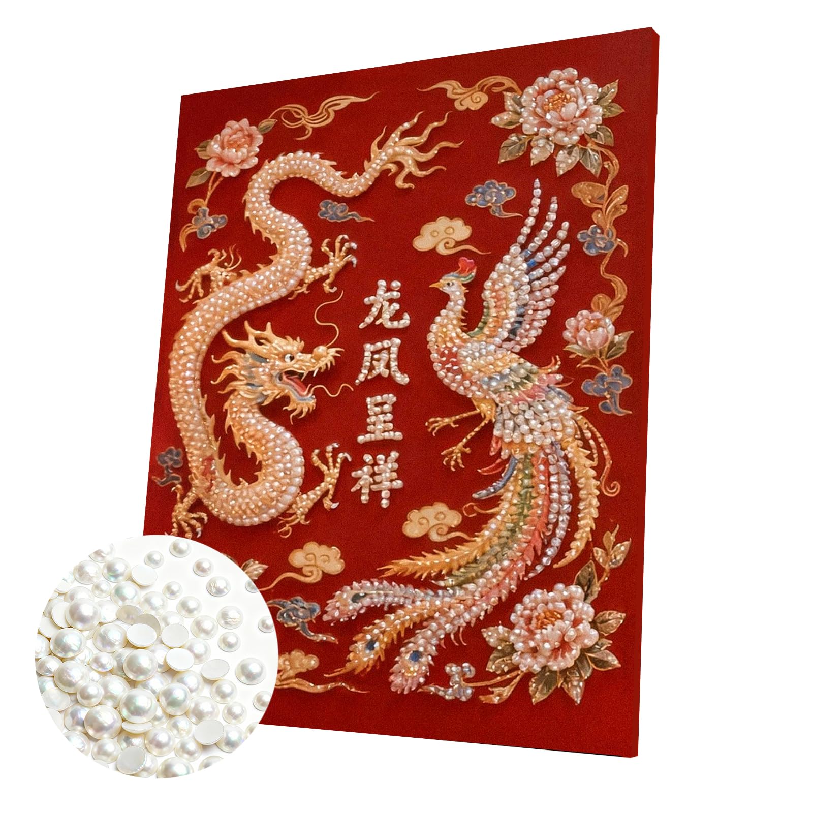 DIY Pearl Painting Kit with Wooden Frame, 3D Plastic Pearl Art Diamond Art Kits for Adults, Ready-to-Hang Home Decor, Gift for Women Beginners(Dragon and Phoenix)(40 * 50cm)