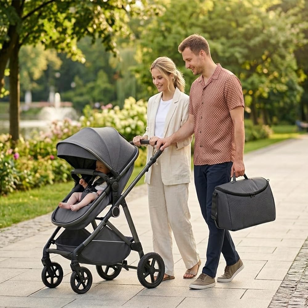 Baby Stroller 2-in-1, Reversible Seat High Landscape Pram for Newborn to Toddler, Foldable Infant Stroller, Adjustable Canopy, Includes Diaper Bag & Foot Cover, 0-36 Months(Black, Gray Tube)