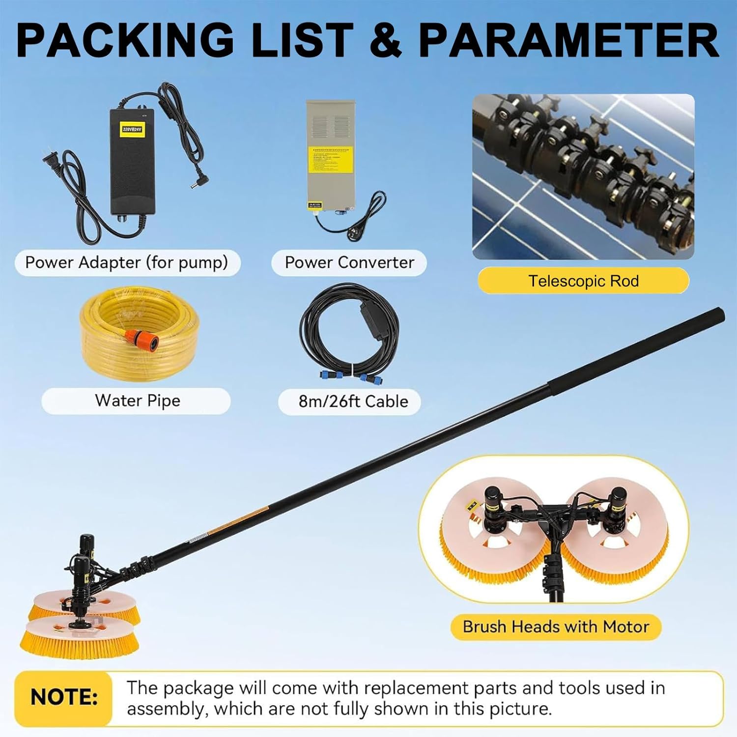 25ft Solar Panel Cleaning Tool, Solar Panel Cleaning Brush and Pole Water Fed Pole Kit, Dual Head Electric Window Washing Equipment,Lithium Battery-5.5m/18ft