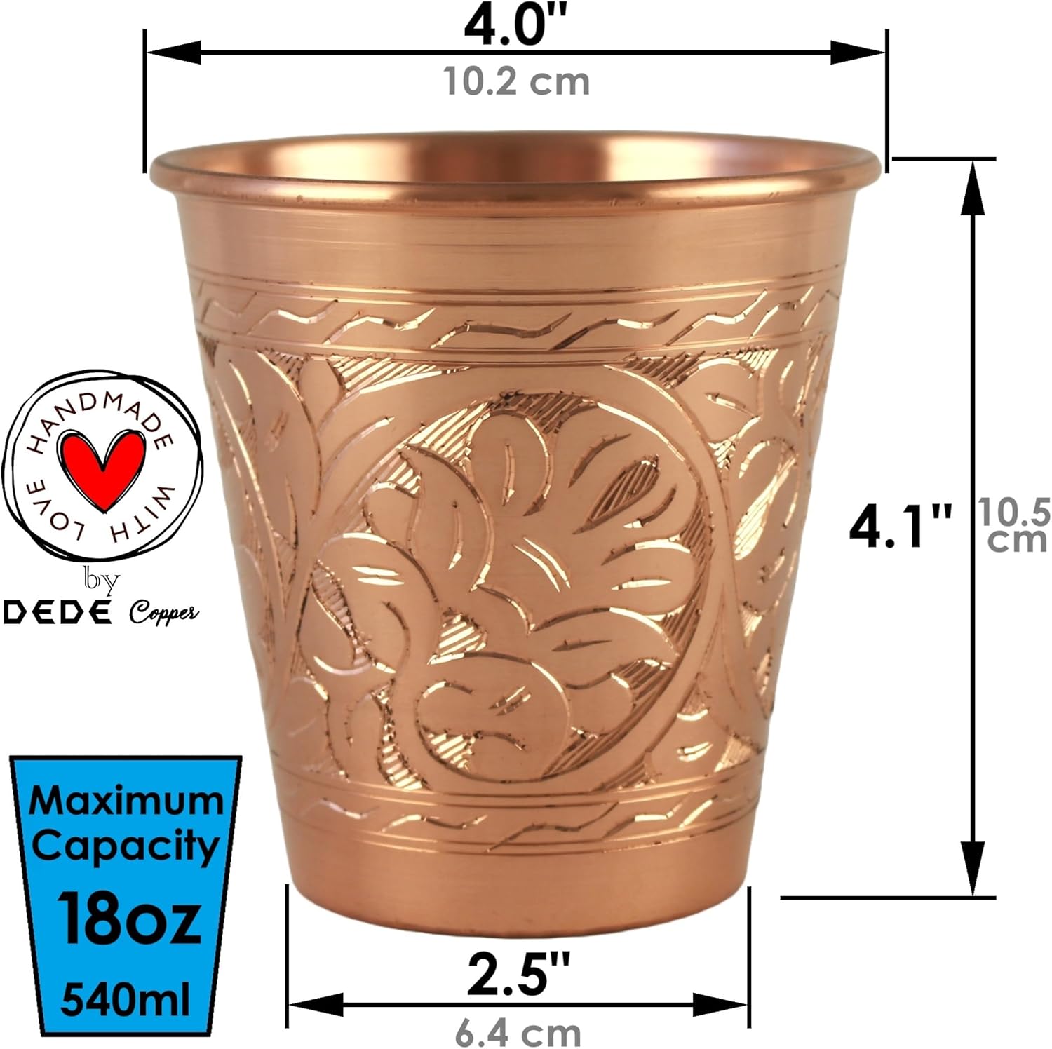 CC Series (18 oz) - Super Heavy Weight Drinking Cups or Serving Cold Beverages and Cocktail Mugs, Handmade Unlined Uncoated 100% Pure Copper Tumblers (Engraved-Tulip)