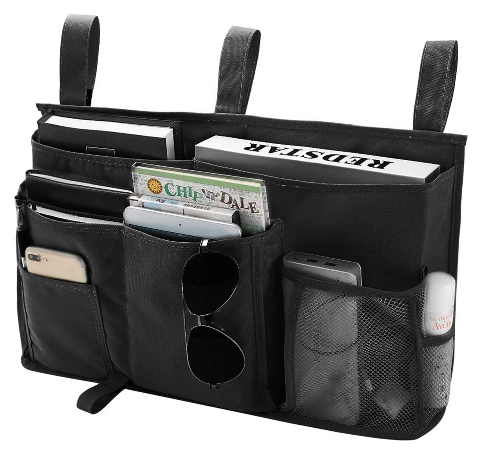 athu Bedside Caddy for Dorm Bed, Hanging Storage Bag Holder Beside Organizer 600D Oxford Cloth Bed Organizer with 8 Pockets for College Dorm Rooms, Hospital Bed, Rails, Baby Bed Rails, Black