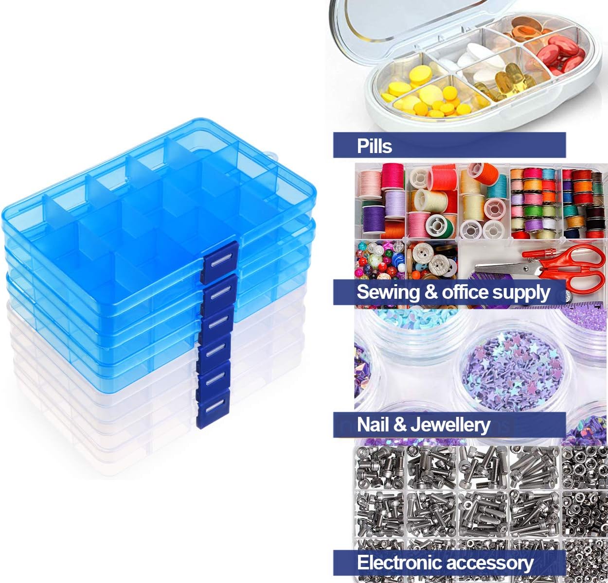 6 Pack Plastic Bead Organizer Storage Box with Compartments Containers with Adjustable Dividers Clear Storage Box for Earring Jewelry Beads Fishing Sewing Craft Supplies, 15 Grids