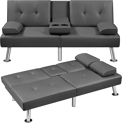 Miniatura 48 de Yaheetech Sofá biplaza cama, convertible, tela, ajustable, moderno, reclinable, reversible, plegable, reposabrazos extraíbles, portavasos, 3 Negro