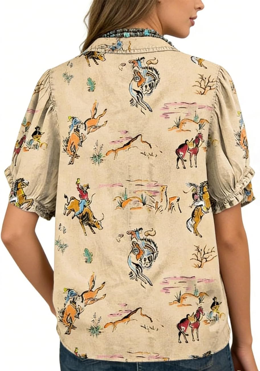 Women's Western Cowboy Print Blouse V-Neck Puff Short Sleeve Button-Down Casual Top