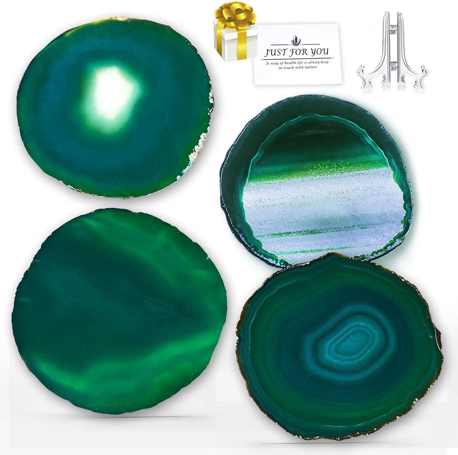 Yougoals Green Agate Coasters Set of 4, 3.5-4" Geode Coaster Natural Stone Coasters for Drinks, Gemstone Agate Slices with Display Stand for Home Decor, Coaster for Kinds of Cups, Coffee Table