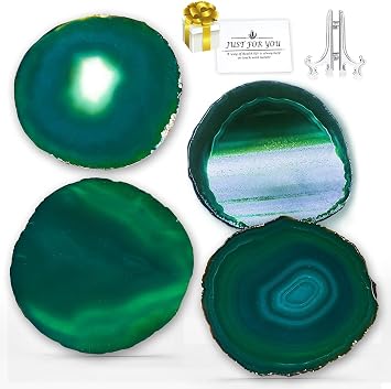 Green Agate Coasters Set of 4, 3.5-4" Geode Coaster Natural Stone Coasters for Drinks, Gemstone Agate Slices with Display Stand for Home Decor, Coaster for Kinds of Cups, Coffee Table