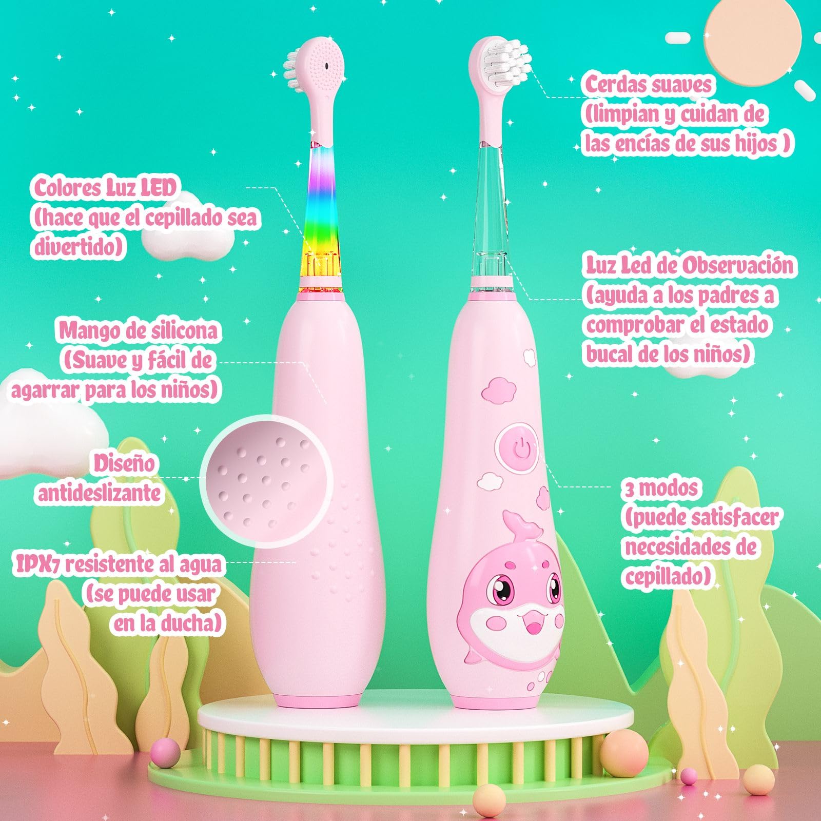 seago cepillo electrico infantil recargable, cepillo dientes bebe con luz LED, temporizador y 8 cabezal de recambio para niños mayores de 2 años, IPX7, SG2139(Rosa)