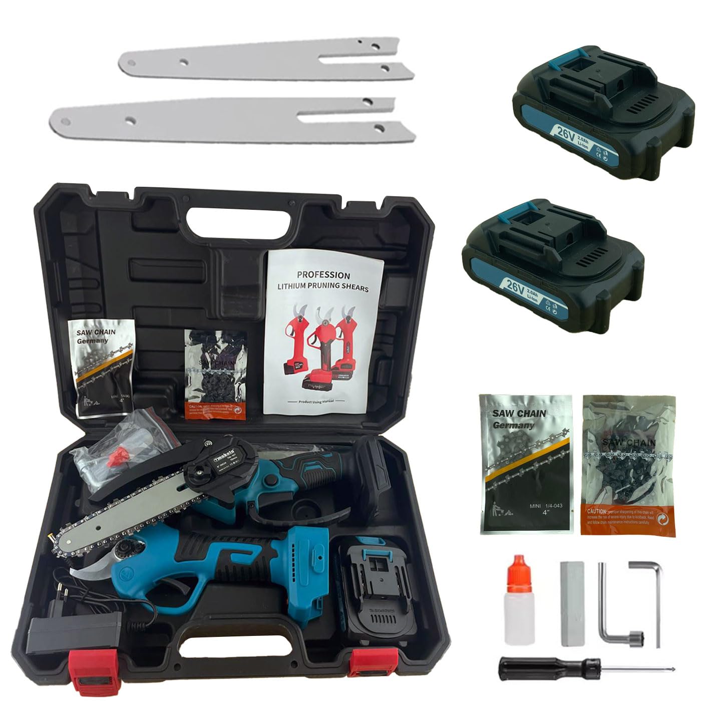 Set di Potatura a Batteria 26V 2.0AH Forbici e Motosega 4 e 6 Pollici con 2 Batterie e Valigetta
