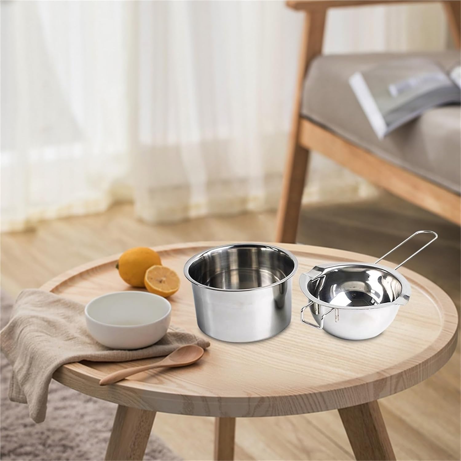 Stainless Steel Double Boiler Pot Melting Bowl 2Pcs Candle Wax Melting Pot Long Handled 400ml Bean Pan Stainless Steel Double Boiler