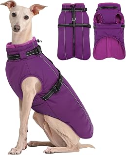 Kuoser Hundemantel für Große Hunde Winter, wasserdichte Hundejacke mit Geschirr, Warmer Hunde Wintermantel Fleece, Fleecemantel Hundepullover Lila 3XL