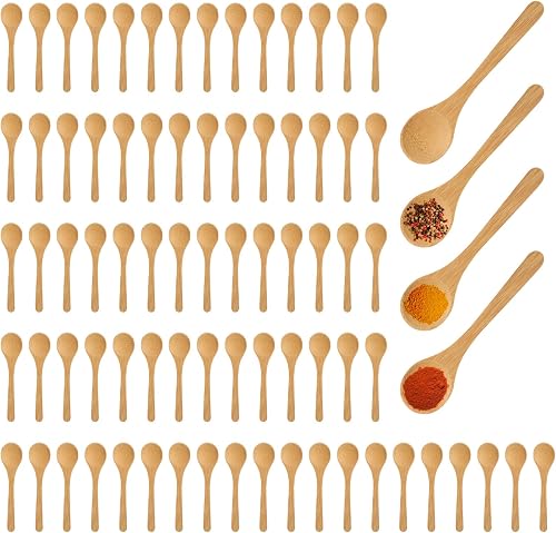 100Pcs Small Wooden Spoons Mini Tiny Wood Spoons Bulk for Tea Coffee Sugar Ice Cream Salt Spices Honey Jars Home Kitchen 5 Inch