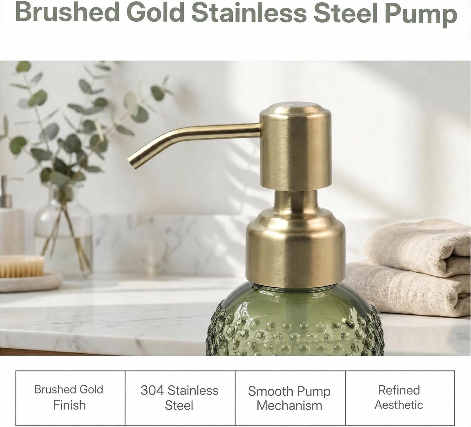 Green Glass Soap Dispenser with Brushed Gold Stainless Steel Pump Hobnail Design Refillable Bottle for Bathroom & Kitchen Countertop