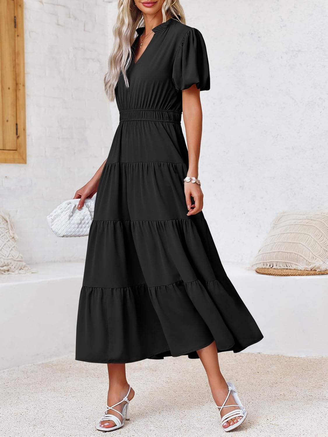 Wenrine Womens Summer Midi Dress Puff Short Sleeve V Neck Flowy Tiered Beach A-Line Dresses - Image 6