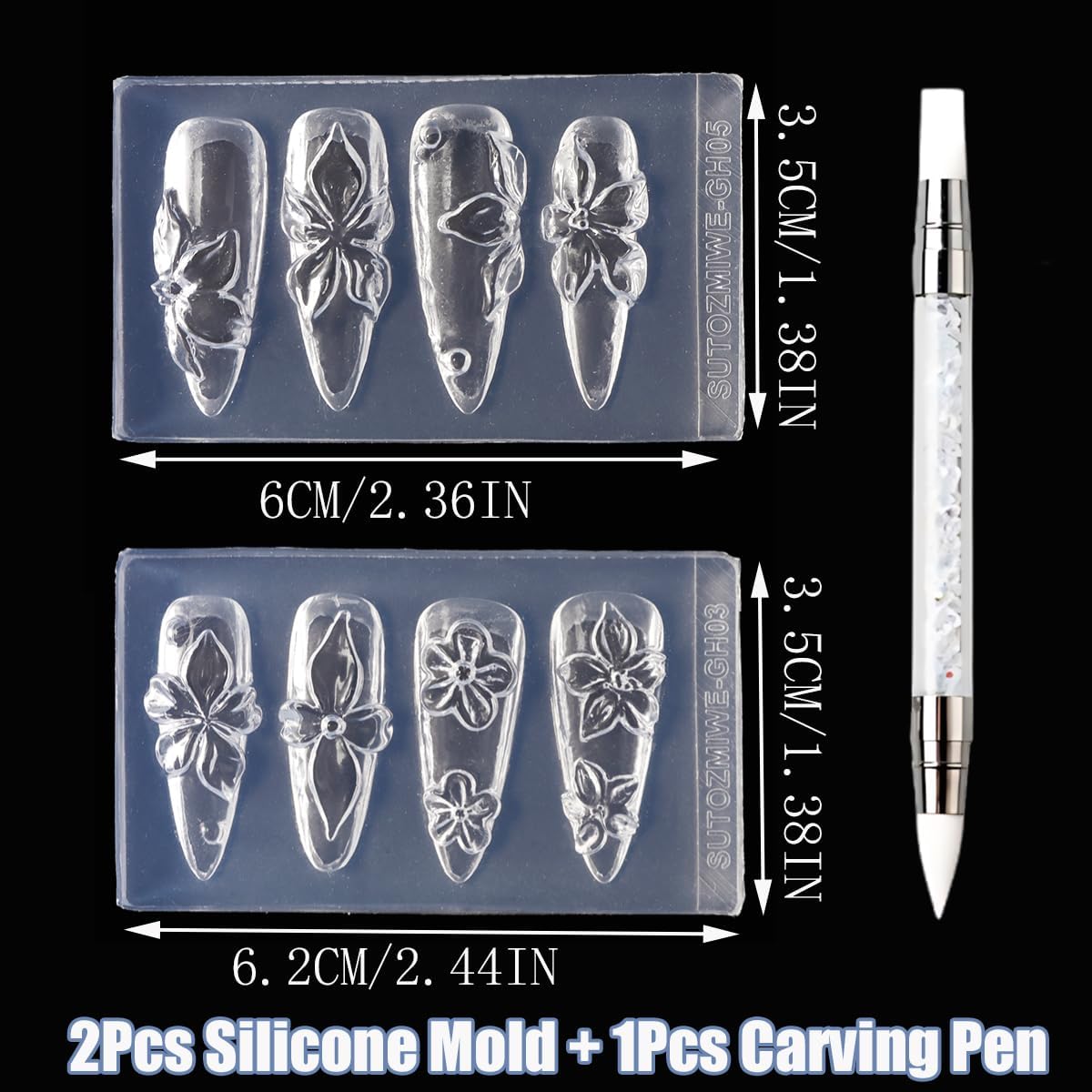 2PCS 3D Flower Silicone Nail Molds, Hawaii Hibiscus Floral Cherry Blossom Floral Petal Nail Art Mold with Carving Pen, Resin Epoxy Modeling Template for DIY Manicure Decorations Nail Art Supplies