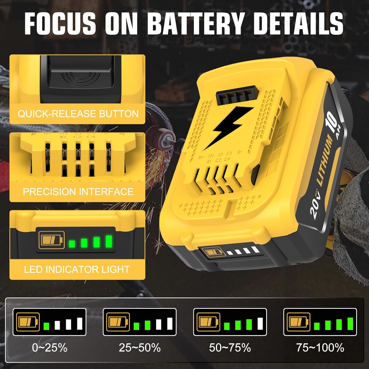 4-Pack DCB206 10.0Ah Replacement for Dewalt 20V Max Battery Compatible with Dewalt 20V Battery DCB206-2 DCB203 DCB201 DCB204 DCD985B DCD771C2 DCS355D1 Power Tools - Image 3