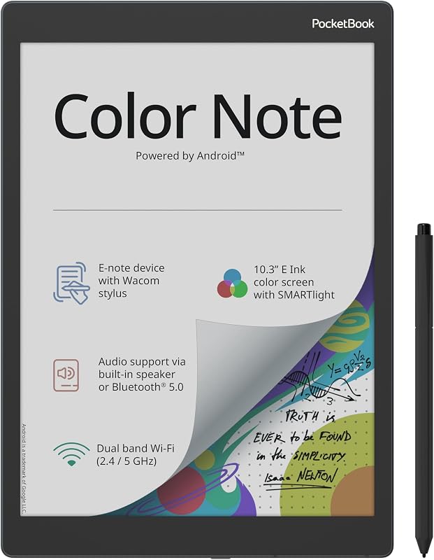 Nota de color de PocketBook | Pantalla Kaleido 3 de tinta electrónica en color de 10,3" | Escritura a mano y lápiz óptico | Compartir notas fácilmente | Luz inteligente y mirada cómoda | Sistema operativo Android 12 | parlante incorporado y Bluetooth | Texto a voz