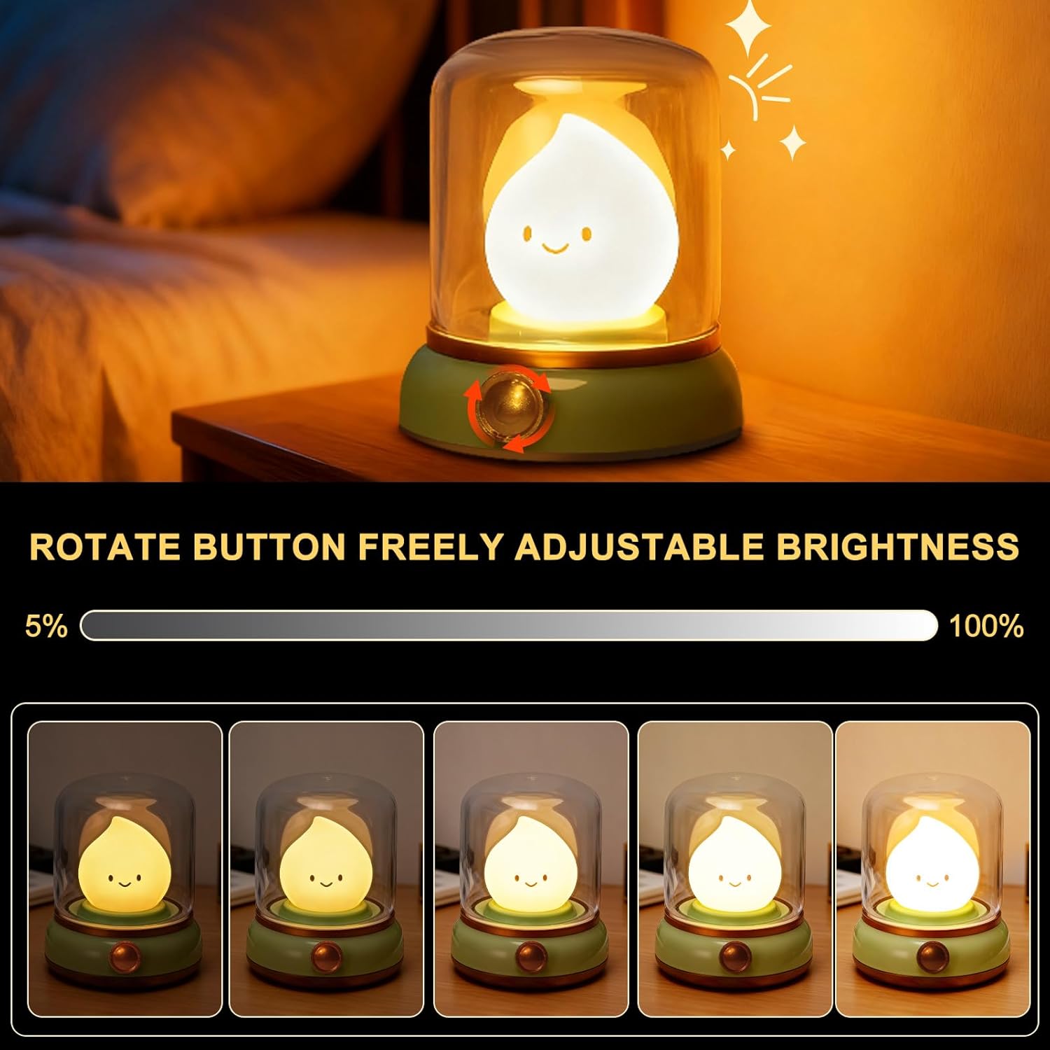 Hbaushun Cute Flame Lamp, Flame Night Light, 2 Modes Retro Rechargeable Night Light, Dimmable Forest Green Vintage Lamp Decor for Bedroom Desk Decoration,Birthday Christmas