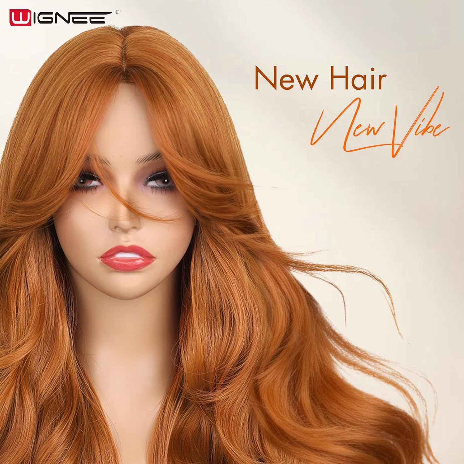 WIGNEE Long Wavy Wig 26 Inch Curtain Bang Wig with Realistic Hairline Synthetic Long Ginger Wig With Bangs Natural Wavy Wigs For Black Women Daily Party Use