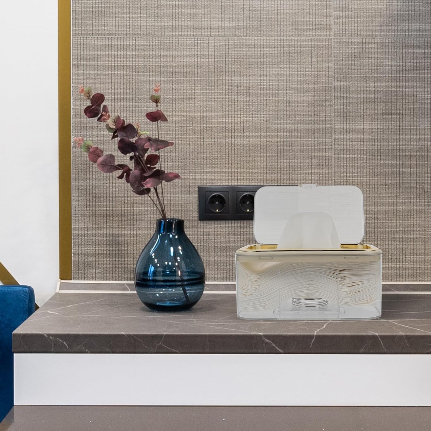YARNOW Large Capacity Tissue Box Cover Holder with Spring Lifter, Easy-to-use Napkin Dispenser for Homes and Public Spaces, Sturdy Abs Material, Design with Golden Accents