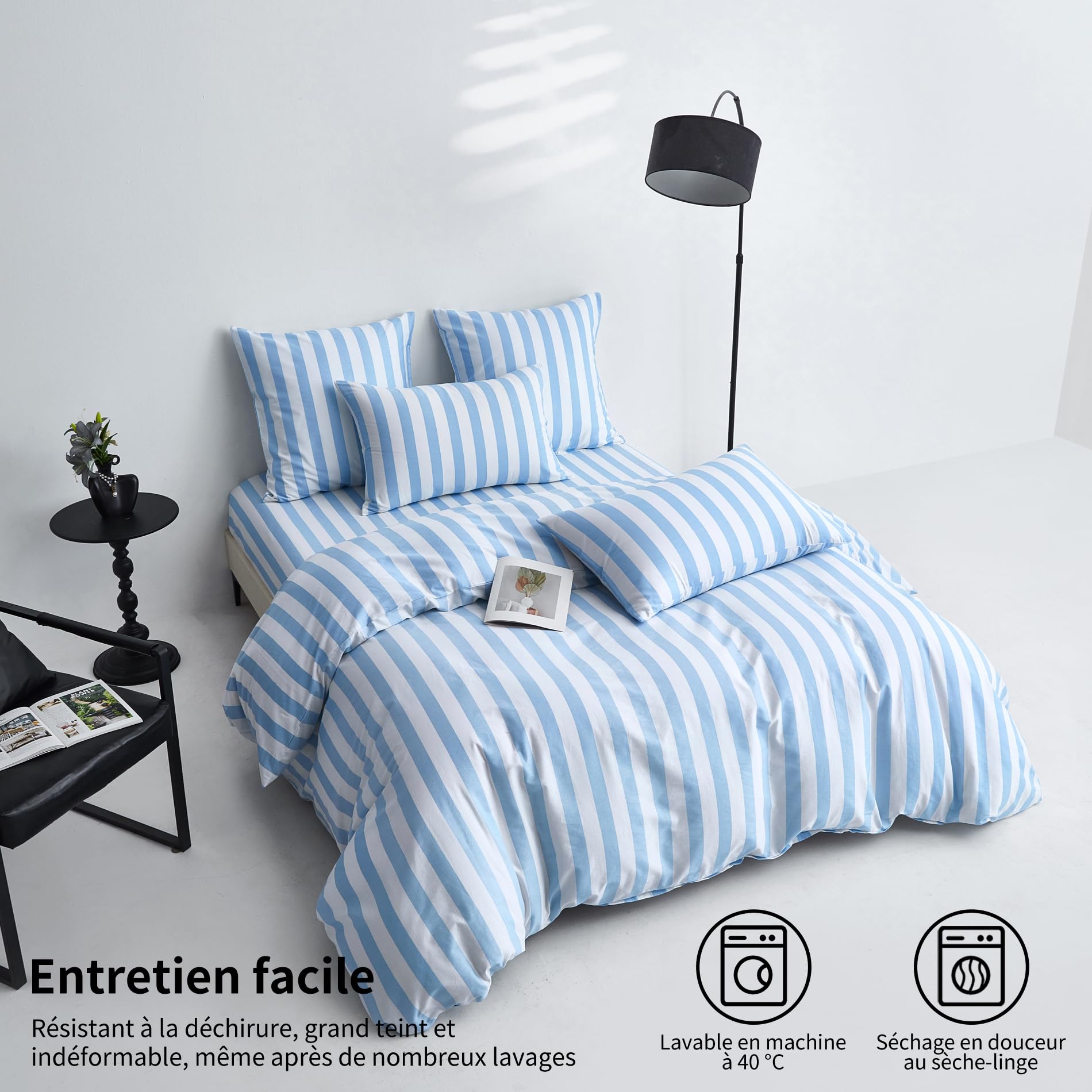 Funda nórdica de 200 x 200 cm, algodón, color azul claro y blanco a rayas, juego de cama de 200 x 200 cm, algodón, estilo moderno, suave, transpirable, ropa de cama para 2 personas, con