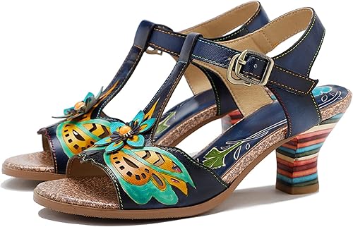 Riutiru Sandalias de piel de cordero hechas a mano para primavera y verano, sandalias de tacón alto cómodas con flores de contraste 3D con bloqueo