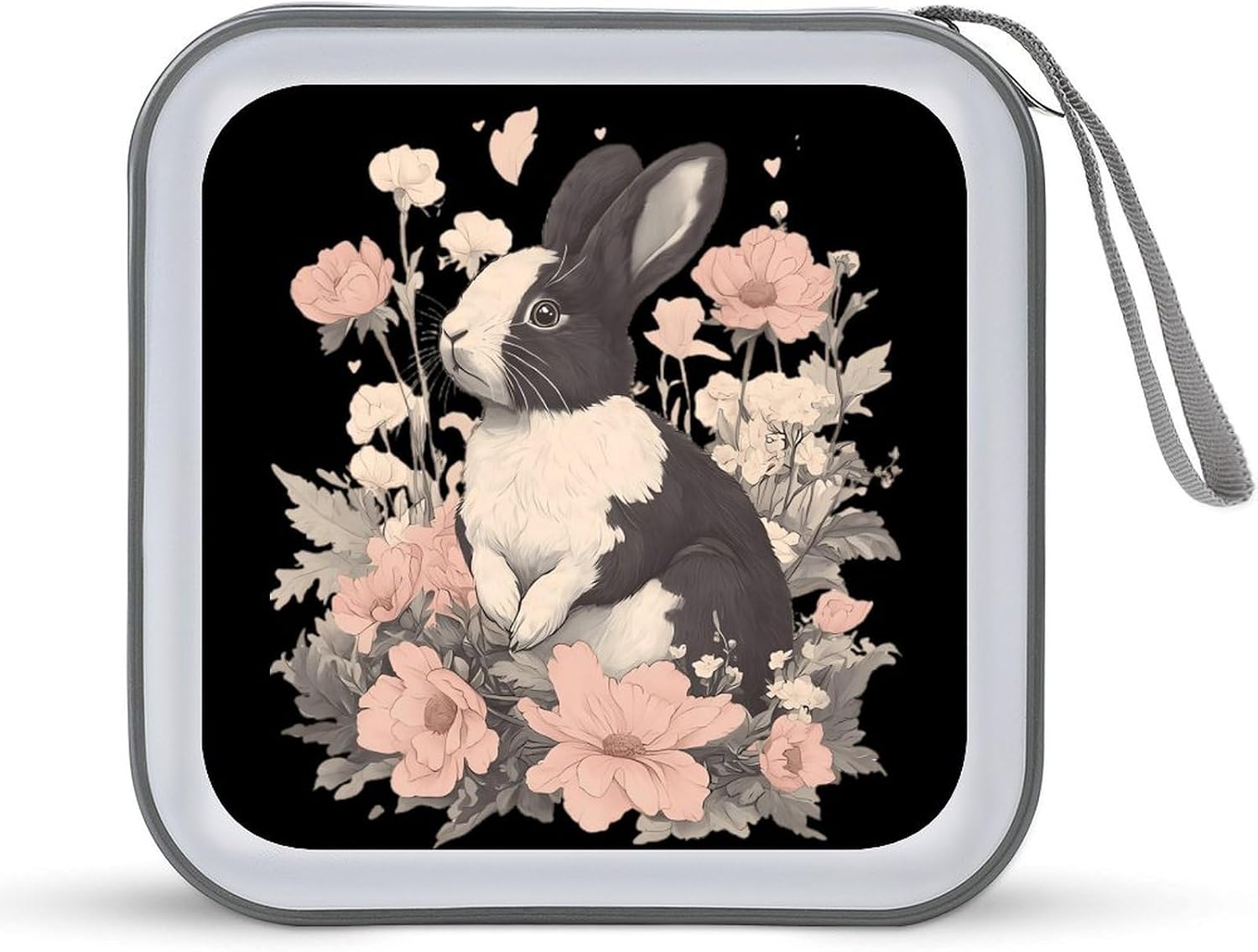 Rabbits And Hibiscus Flowers CD Case DVD Storage Holder Binder 40 Capacity | protective,hard case,protable loop,travel car use,zippered closure
