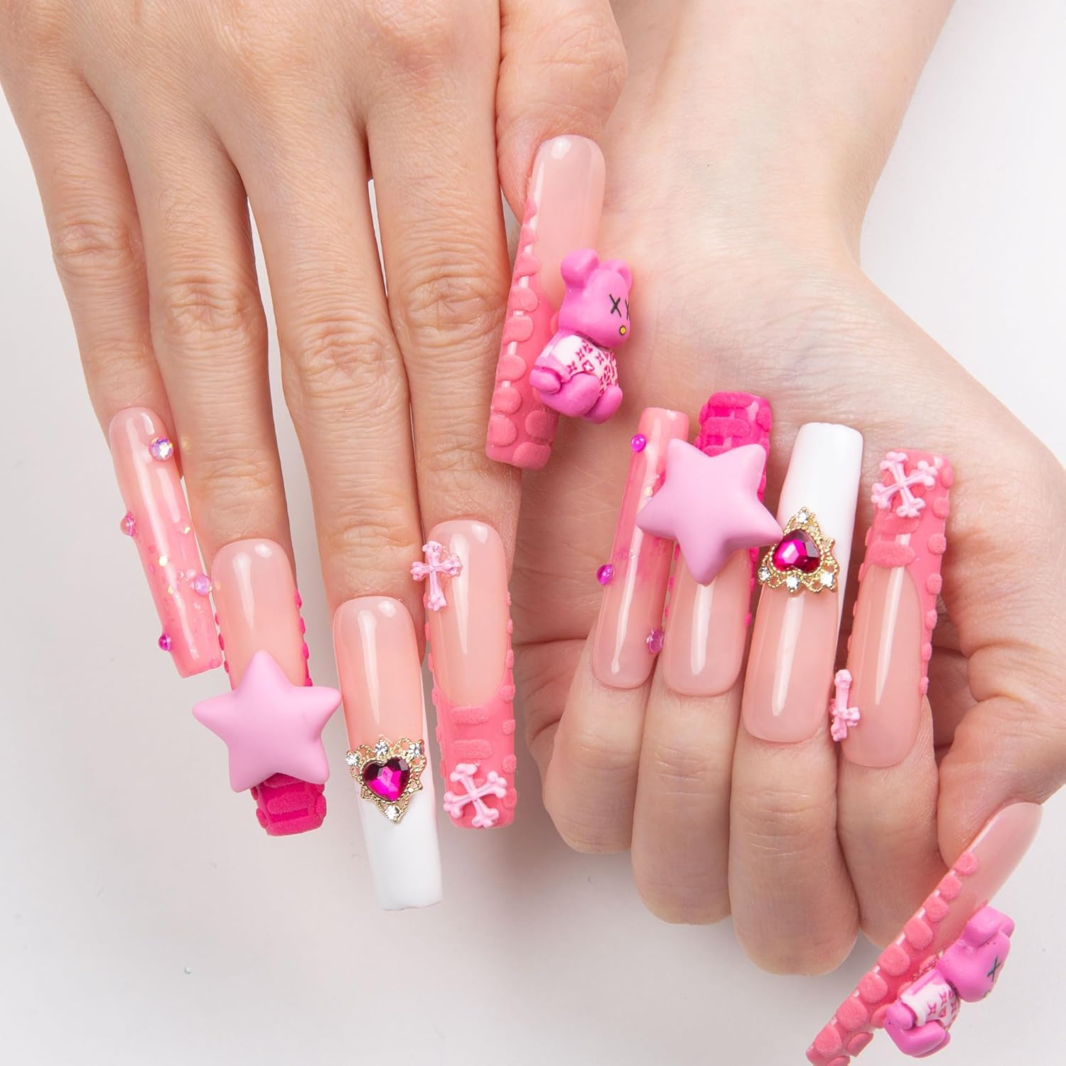 LOVFUL Press on Nails Lovely Sparks | Handmade with Full Covered Crystals | Reusable Full Cover Nails | Square Mid length 1.7 in | H195-M