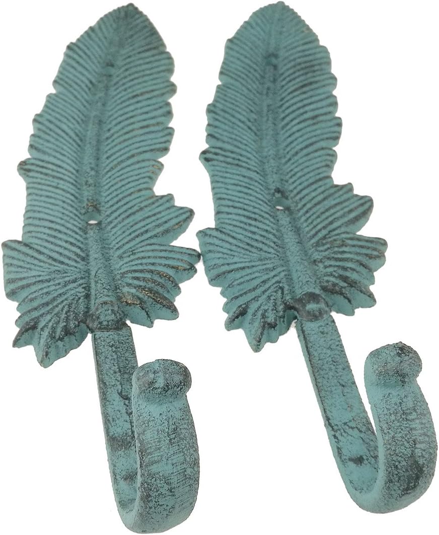 Set of 2 Vintage Creative Iron Feather Hook Art Wall Mount Hanger Coat Hook Bar Home Bathroom Decor (Blue)
