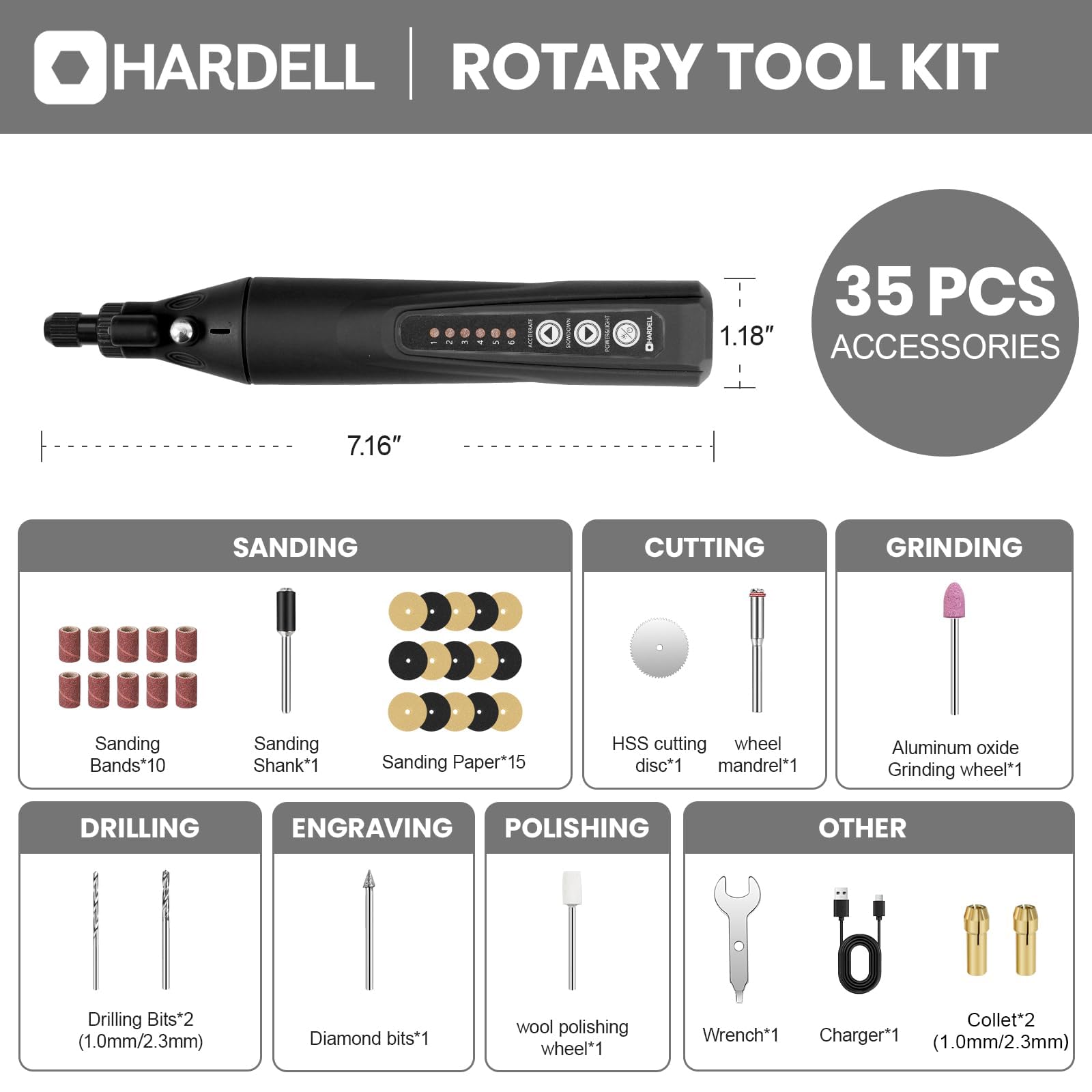 HARDELL Mini Cordless Rotary Tool 4V, 6 Variable Speeds Rotary Tool Kit with 35pcs Accessories, 2000mAh Rechargeable Power Rotary Tools, for Carving, Sanding, Engraving, Grinding, Cutting