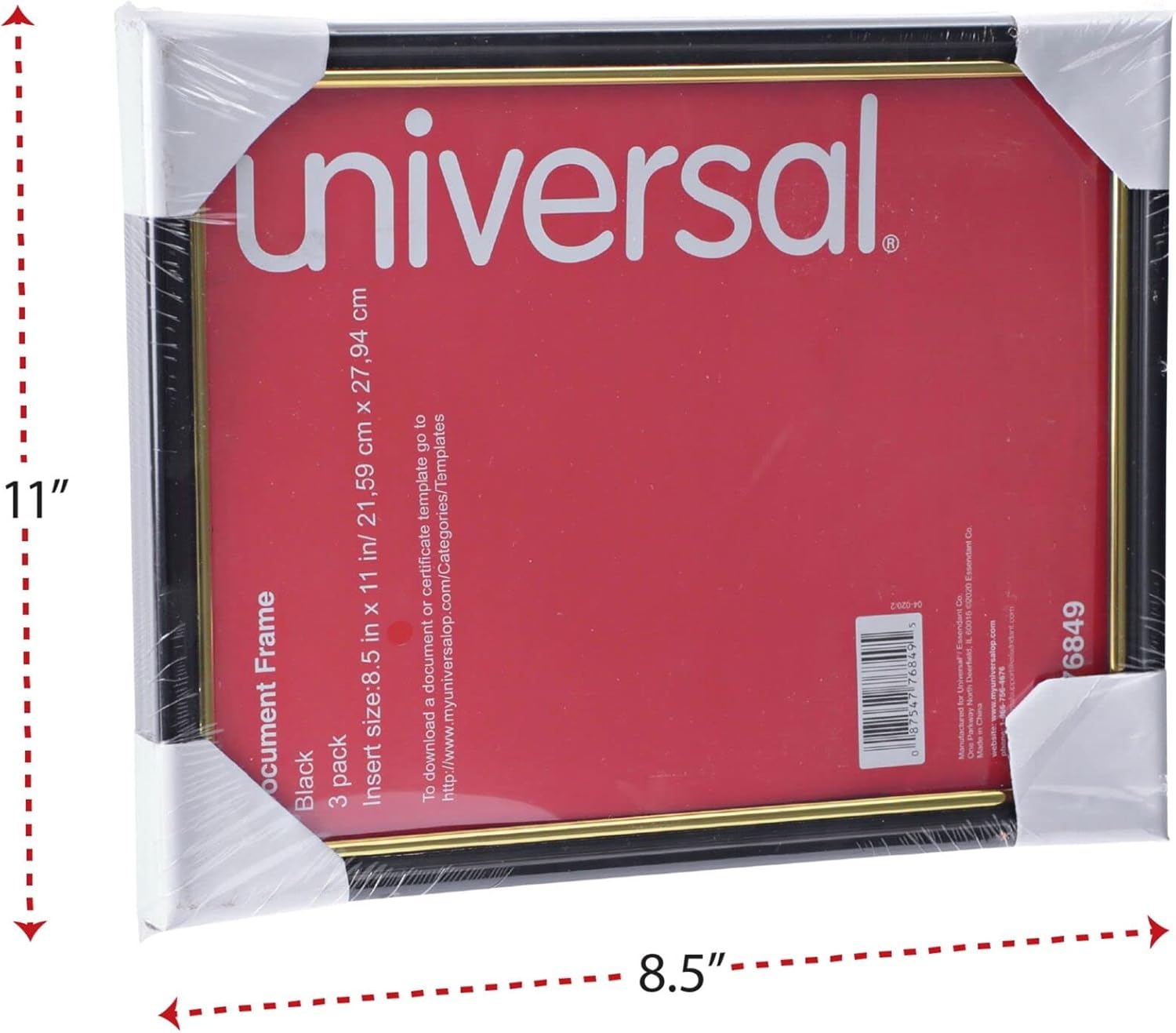 Universal 76849 All Purpose Document Frame, 8 1/2 x 11 Insert, Black/Gold (Pack of 3)