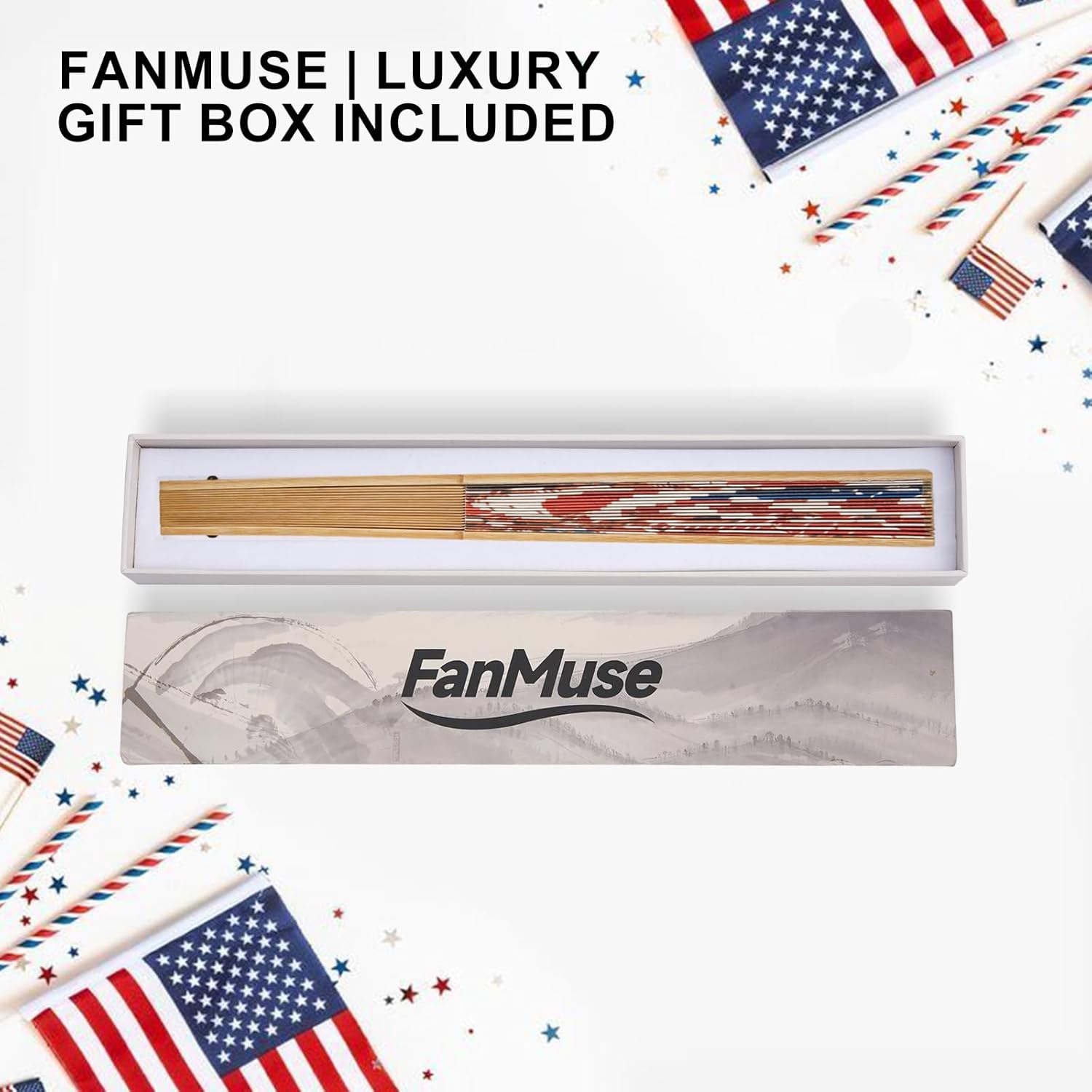 Artisan Golden Gate Bridge Folding Fan (11.8") – Handcrafted Bamboo & Heavy-Duty Paper – Classic USA Flag Patriotic Design – Luxury Gift Box Included – High-End San Francisco Souvenir