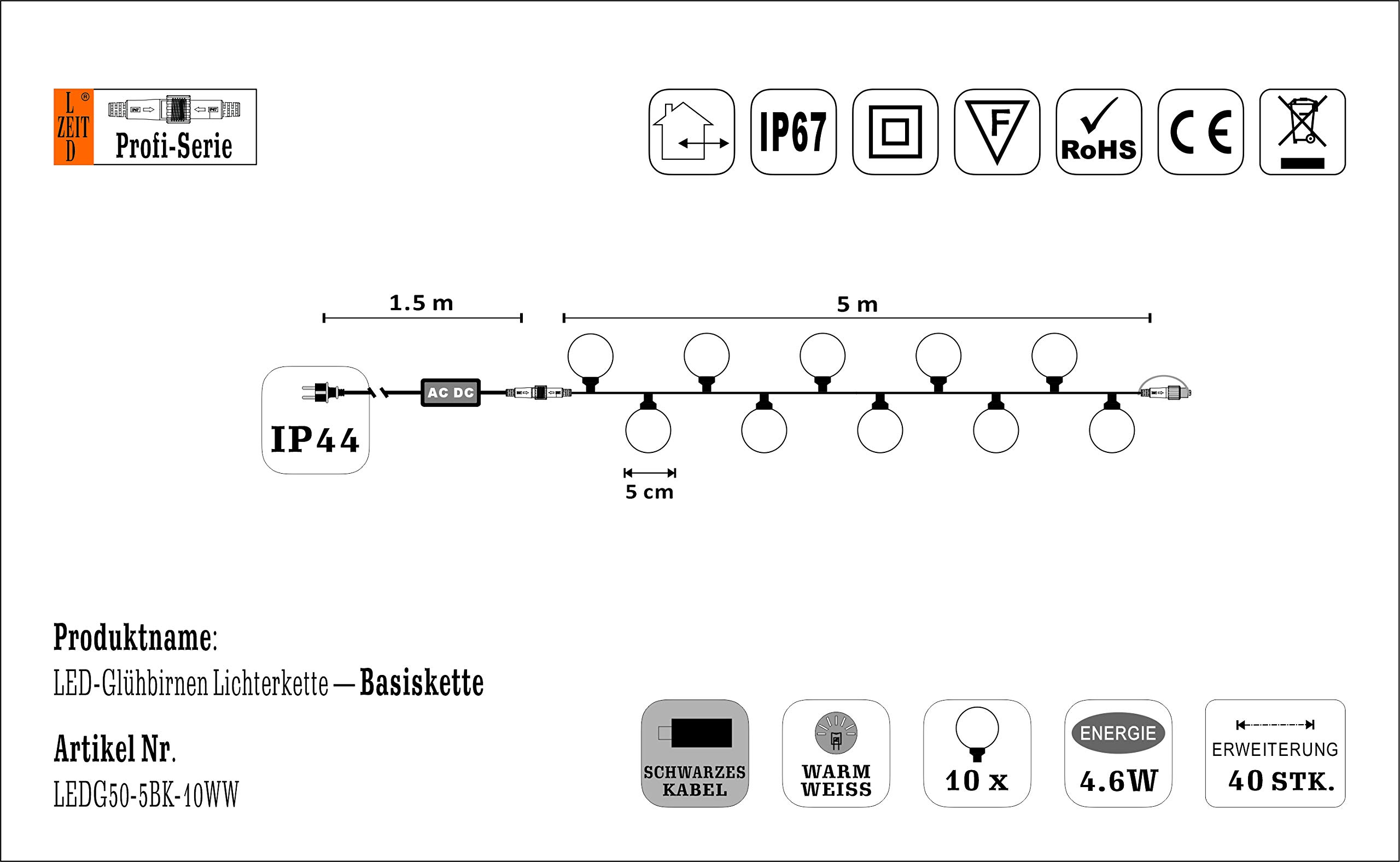 Profi Serie- Catena luminose di lampadina a LED, esterno e interno, con cavo di alimentazione, 5m, 10 lampadine, bianco caldo, Prolungabile, IP67, per giardino, terrazza, balcone, party light