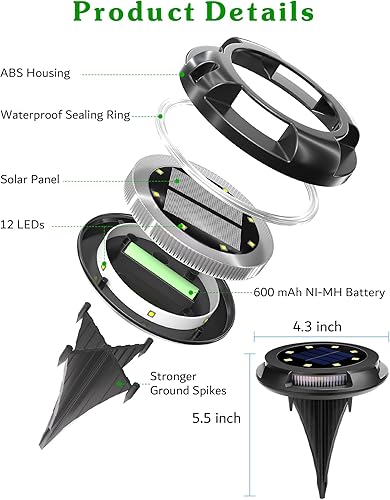 Miniatura 6 de Biling Luces solares para exteriores, paquete de 12 unidades, luces solares brillantes para el suelo, luz lateral, impermeable, para patio,