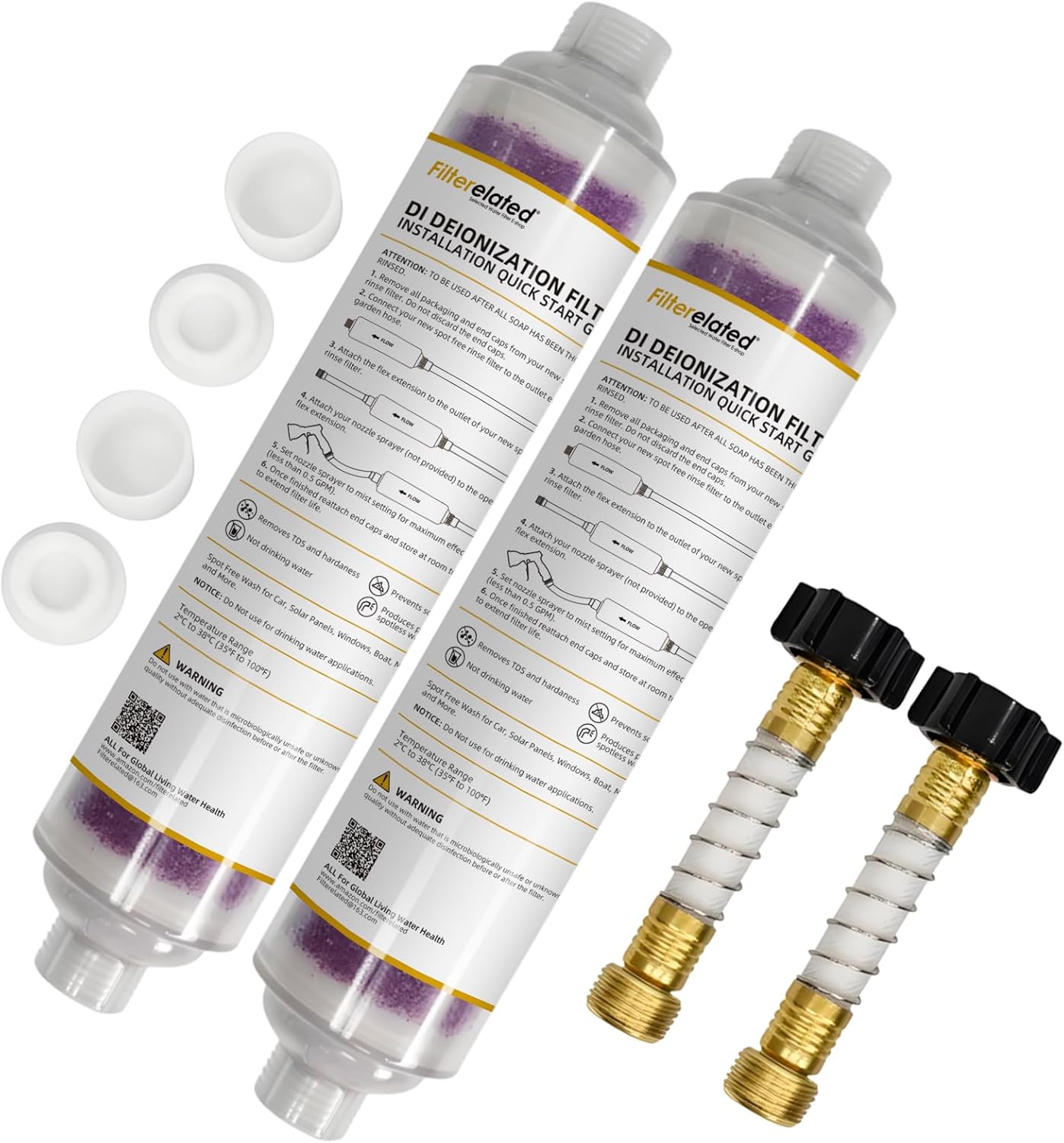 Filterrelated 2-Pack Spotless Car Wash Inline Deionizer with Visual Resin Technology - Transparent Housing, Color-Changing Media (Purple to Brown) for Spot-Free Rinse on RV, Auto, Solar Panels