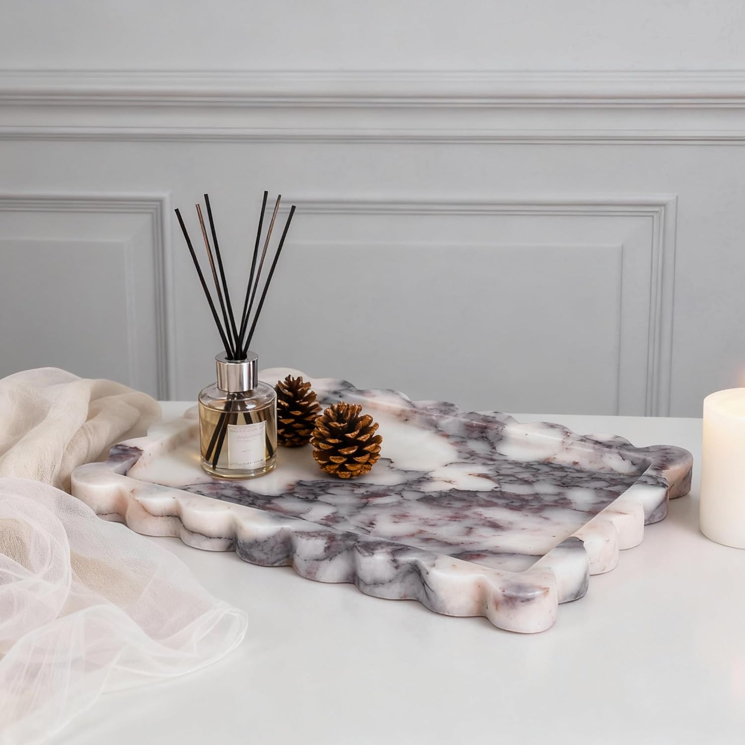 Genuine Calacatta Viola Scalloped Marble Tray, Real Natural Marble Stone Tray, Luxury Decorative Trays for Bathroom, Dresser, Vanity, Kitchen, Home Decor, 10.6" x 8", Calacatta Viola Purple