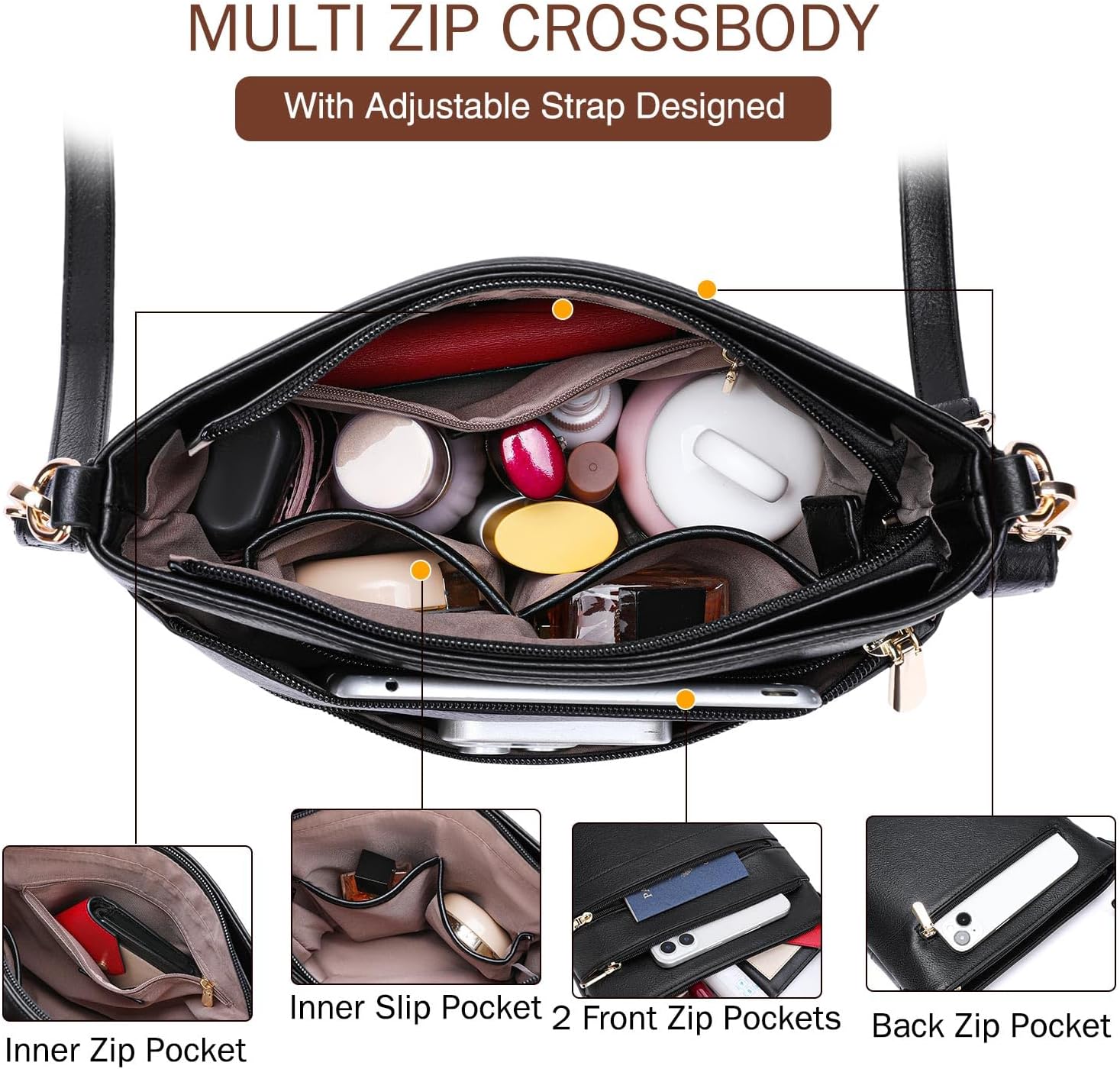 GAEKEAO Crossbody Bags for Women Trendy Vegan Leather Hobo Bag Shoulder Handbags Satchel Purse with Multi Zipper Pocket - Image 5