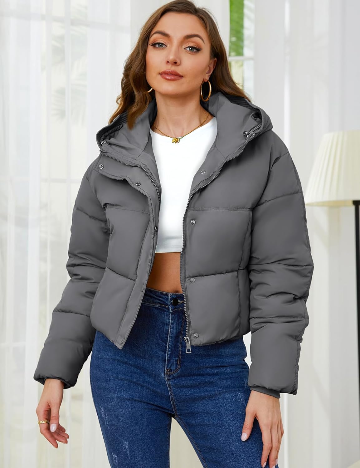 Yimoon Womens Winter Cropped Puffer Jacket Hooded Zip Up Short Warm Quilted Puffer Coat Outerwear