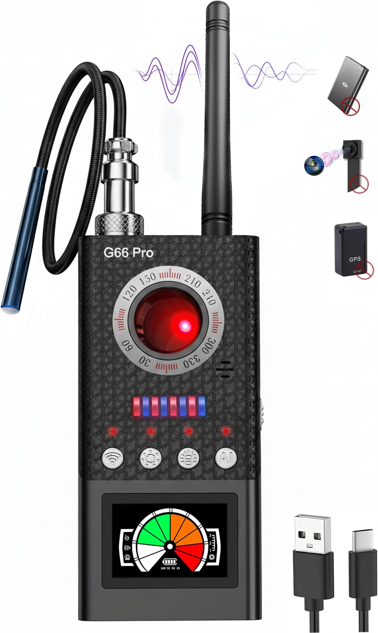 Pro Hidden Camera Detectors with Automatic Detection, Spy Camera Finder, GPS Tracker/Bug Detector, Portable Anti Spy Detector for Travel, Hotels, Airbnb, Office, Car (Medium)