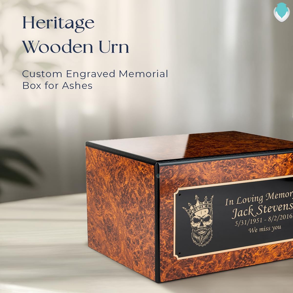 GetUrns Heritage Adult Burl Wood Cremation Urn Box for Human Ashes I Skull Custom Engraved Wooden Urns for Male and Female I 213lbs