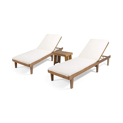 Warner Outdoor Acacia Wood 3 Piece Chaise Lounge Set, Teak