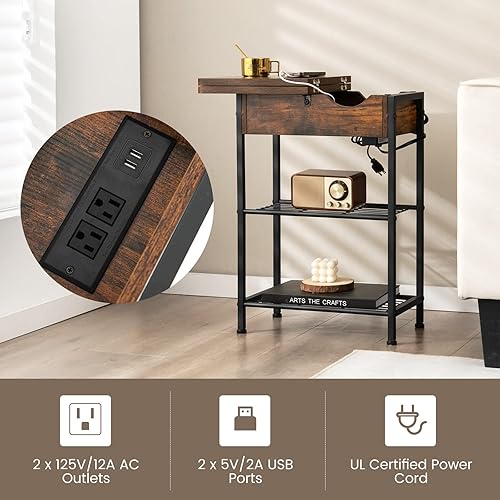 Miniatura 5 de GOFLAME Mesa auxiliar con estación de carga y puerto USB, mesa auxiliar de sofá abatible con compartimento cerrado y 2 estantes de almacenamiento,