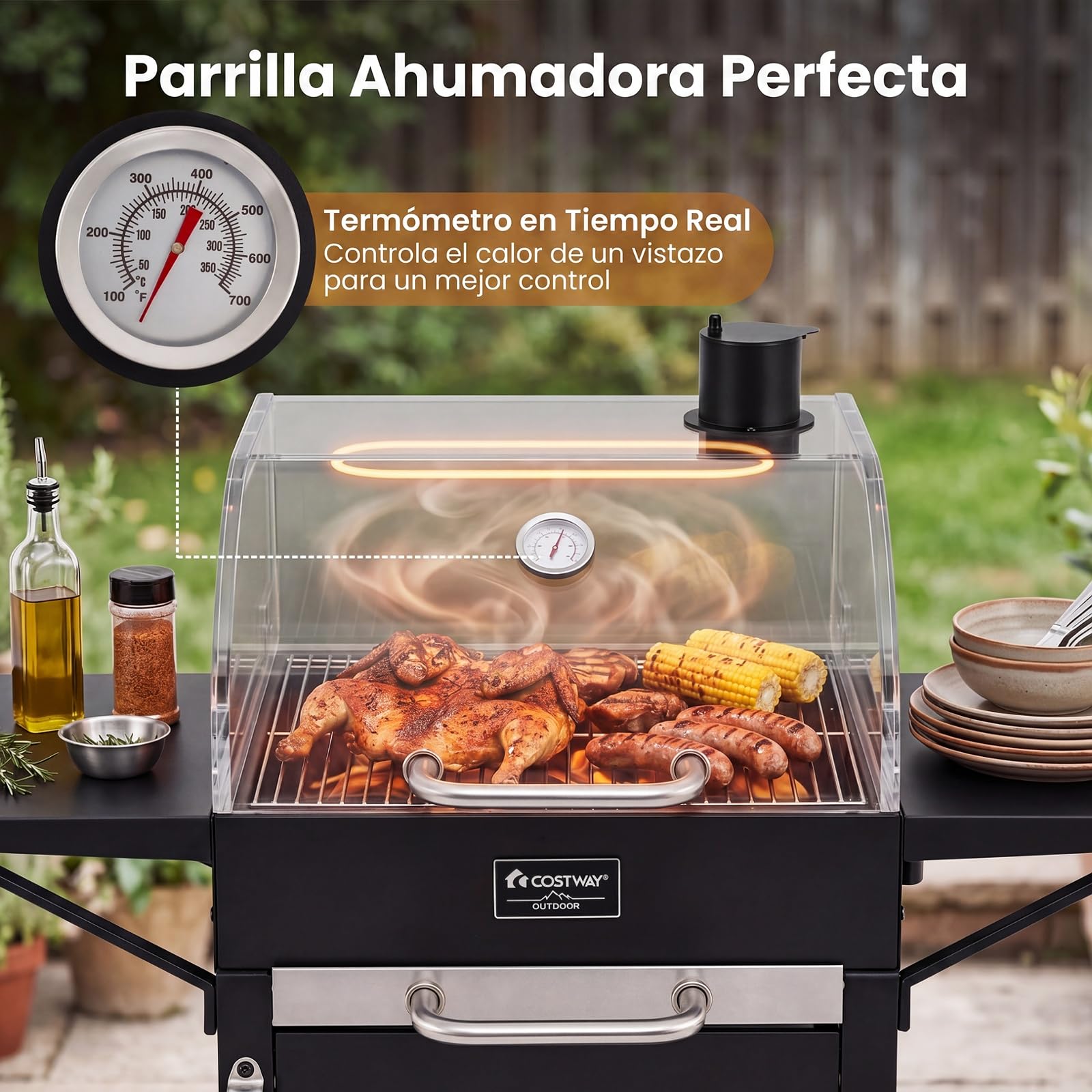 COSTWAY Barbacoa Carbón y Leña XXL con Ruedas, Tapa, 110 x 43 x 105 cm | 2 Mesitas Laterales, 6 Ganchos, Doble Rejilla de Cocción, Abrebotellas y Termómetro, Carrito Grill Portátil para Camping, Pic