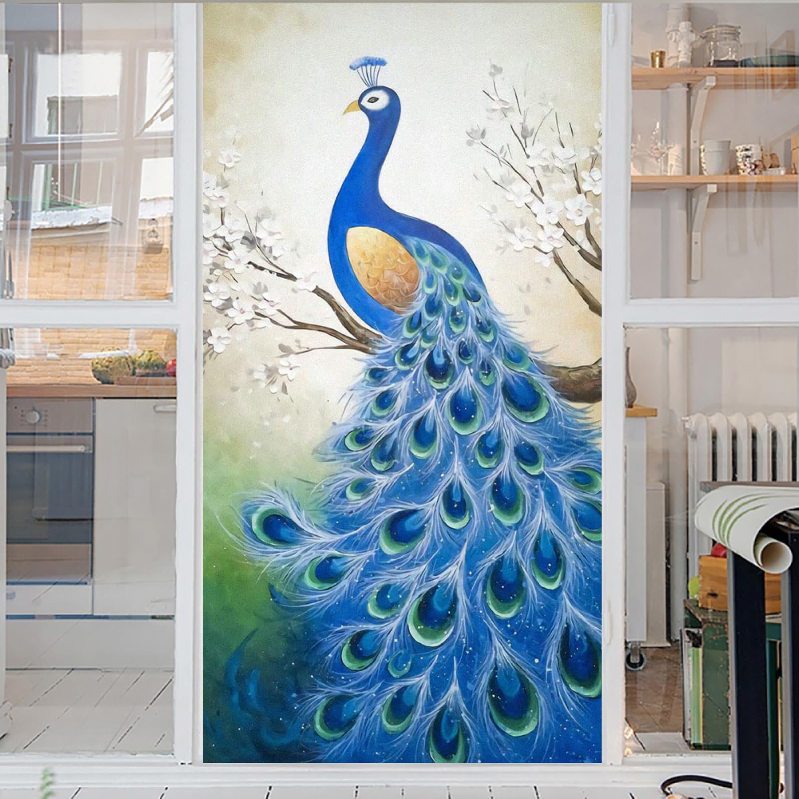Pellicola Per Finestre Decorativa Con Pavone, Adesiva Senza Colla, Effetto Vetro Macchiato, Controllo UV E Calore, 35x70 Cm