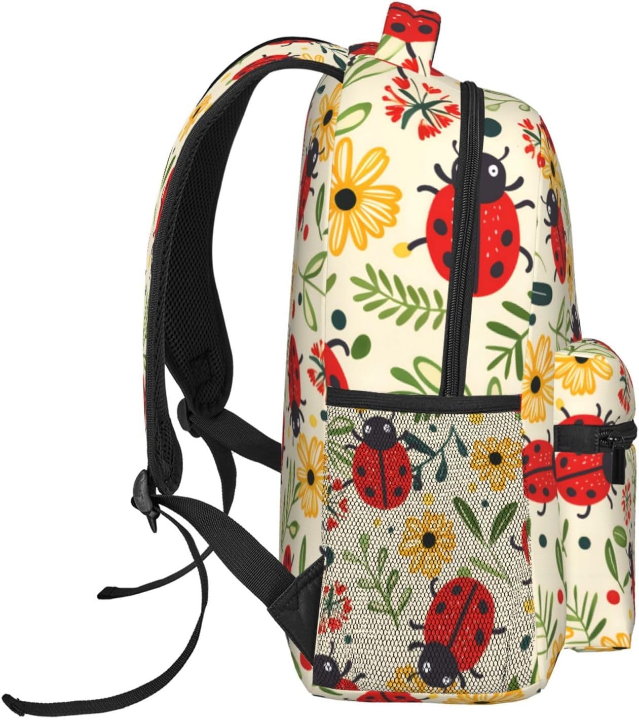 Funny Ladybug Floral Backpack, Polyester Backpacks with Straps, 11.4inx5.9inx15.7in, Multi-Pocket Storage Bookbag, Ideal For School Travel Work Hiking Camping, Girls Boys Women Gifts