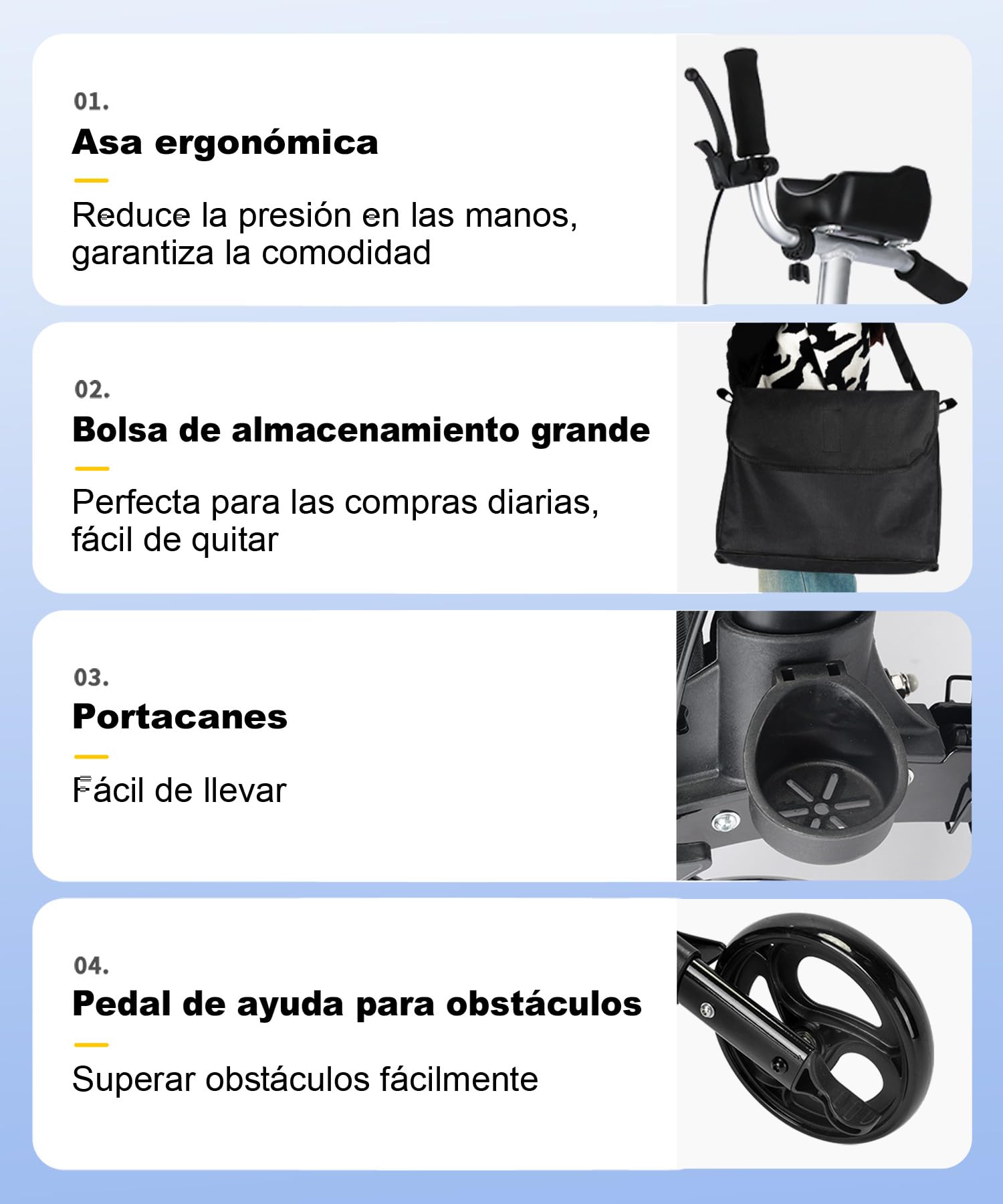 R2 Andador ligero y plegable de aluminio con apoyo ajustable para antebrazos, soporta hasta 150KG, un auxiliar ideal para personas mayores