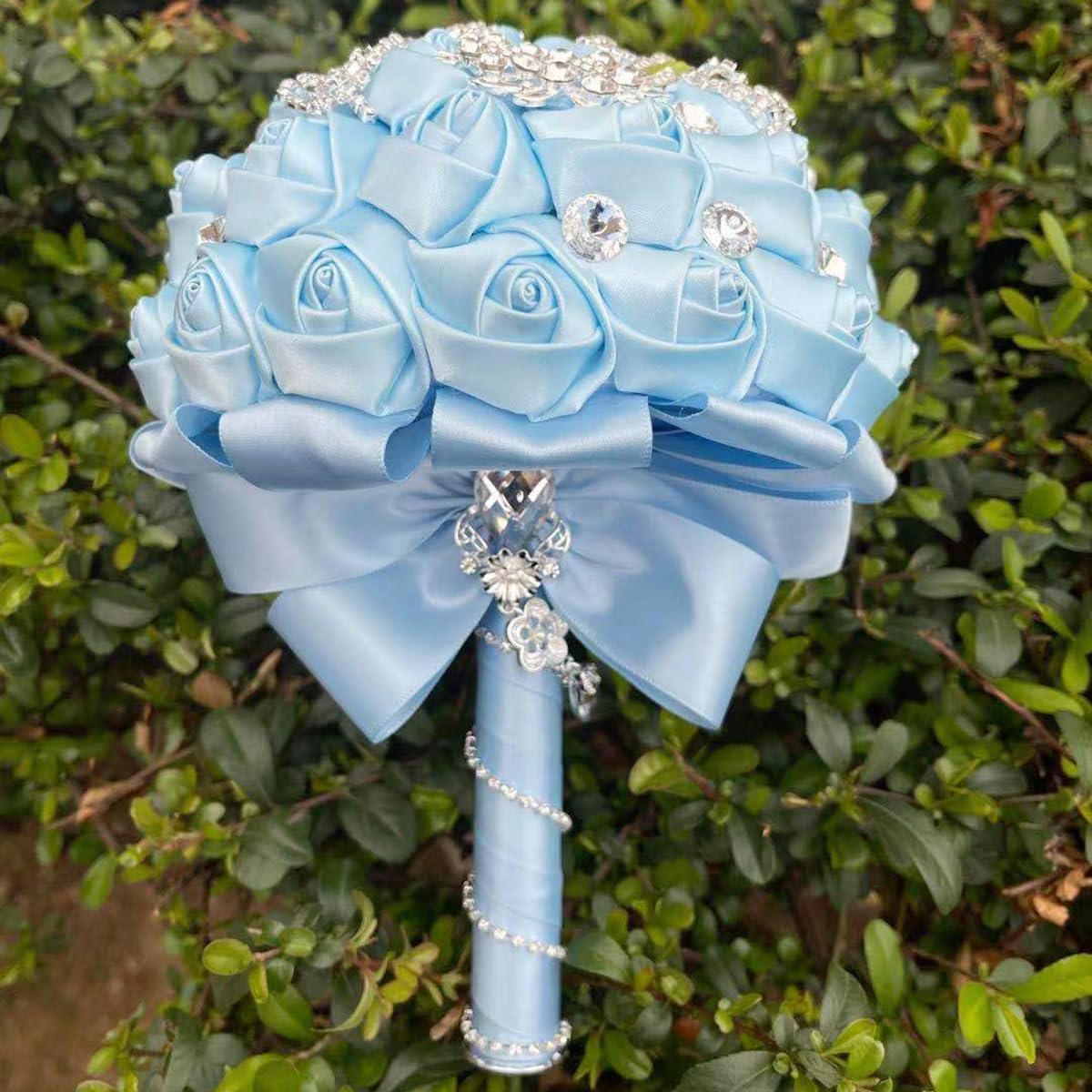 Handmade Rhinestone Brooch Satin Bridal Bouquet,Crystal Wedding Round Tossing Bouquet,Artificial Flower Bunch with Diamond Pearl Ribbon 7.1"(85#Light Blue)