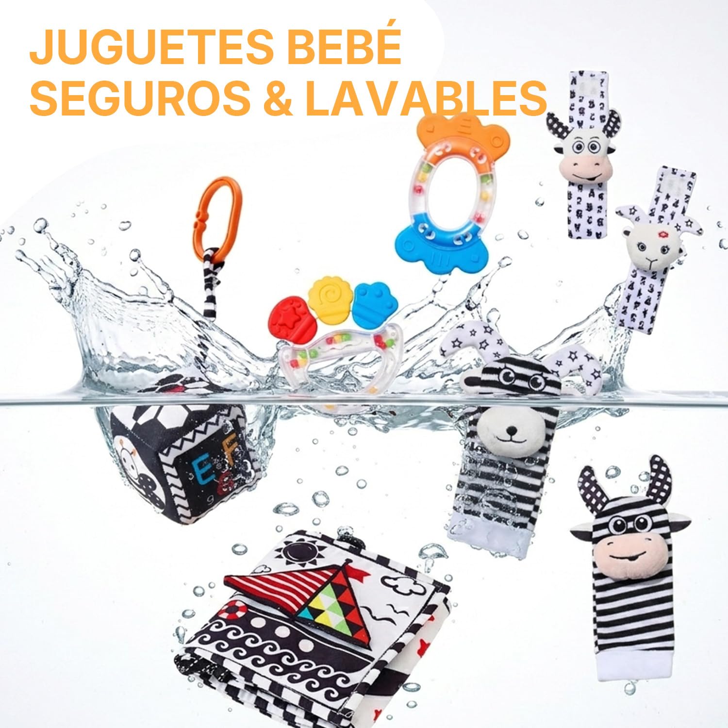 JoyCat Juguetes Bebés 0 3 6 Meses, 6 en 1 Juguetes Sensorial con Tarjetas Blanco y Negro, Libro de Tela, Sonajeros, Mordedor, Tummy Time Estimulacion Bebe 0-6 Meses Regalo Bebe Recien Nacido Niño