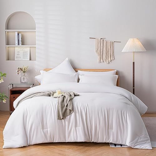 Miniatura 9 de JANZAA Juego de edredón de 7 piezas, tamaño matrimonial, color blanco en una bolsa, juego de edredón matrimonial con sábanas de microfibra, fundas