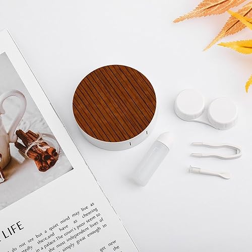 Miniatura 5 de Estuche para lentes de contacto de viaje, patrón de madera marrón, caja de contacto con solución de espejo, aplicador de botellas, kit de