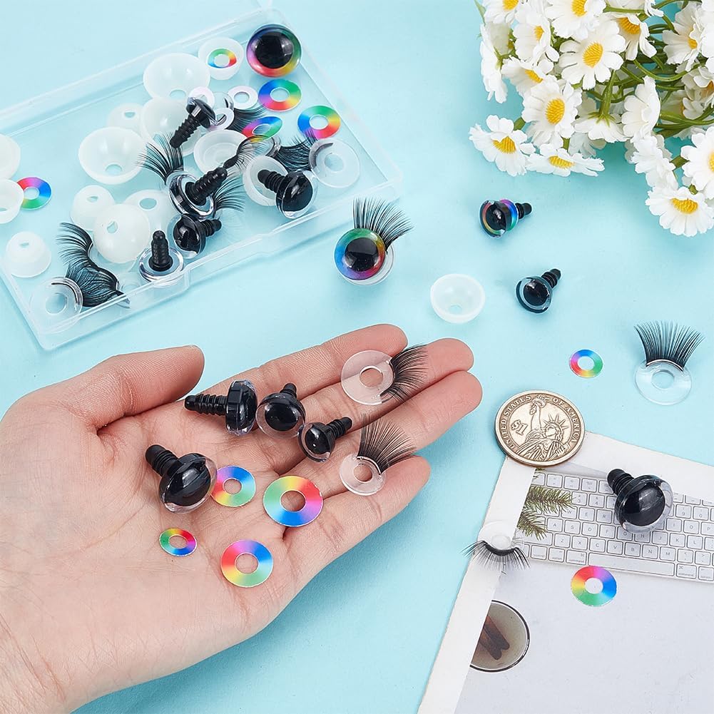 PH PandaHall 64pcs Safety Eyes with Eyelash, 12/14/16/18mm Stuffed Animal Eyes Rainbow Crochet Eyes Plastic Craft Eyes Amigurumi Eyes with Washers for Puppet Bear Teddy Bunny DIY Arts Crafts Making